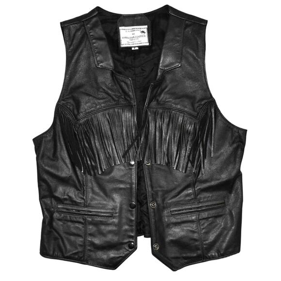 C0 Auth FASHIONS ESPINOZAS LEATHER Black Leather Fringed Western Biker Vest Sz L - Picture 2 of 6